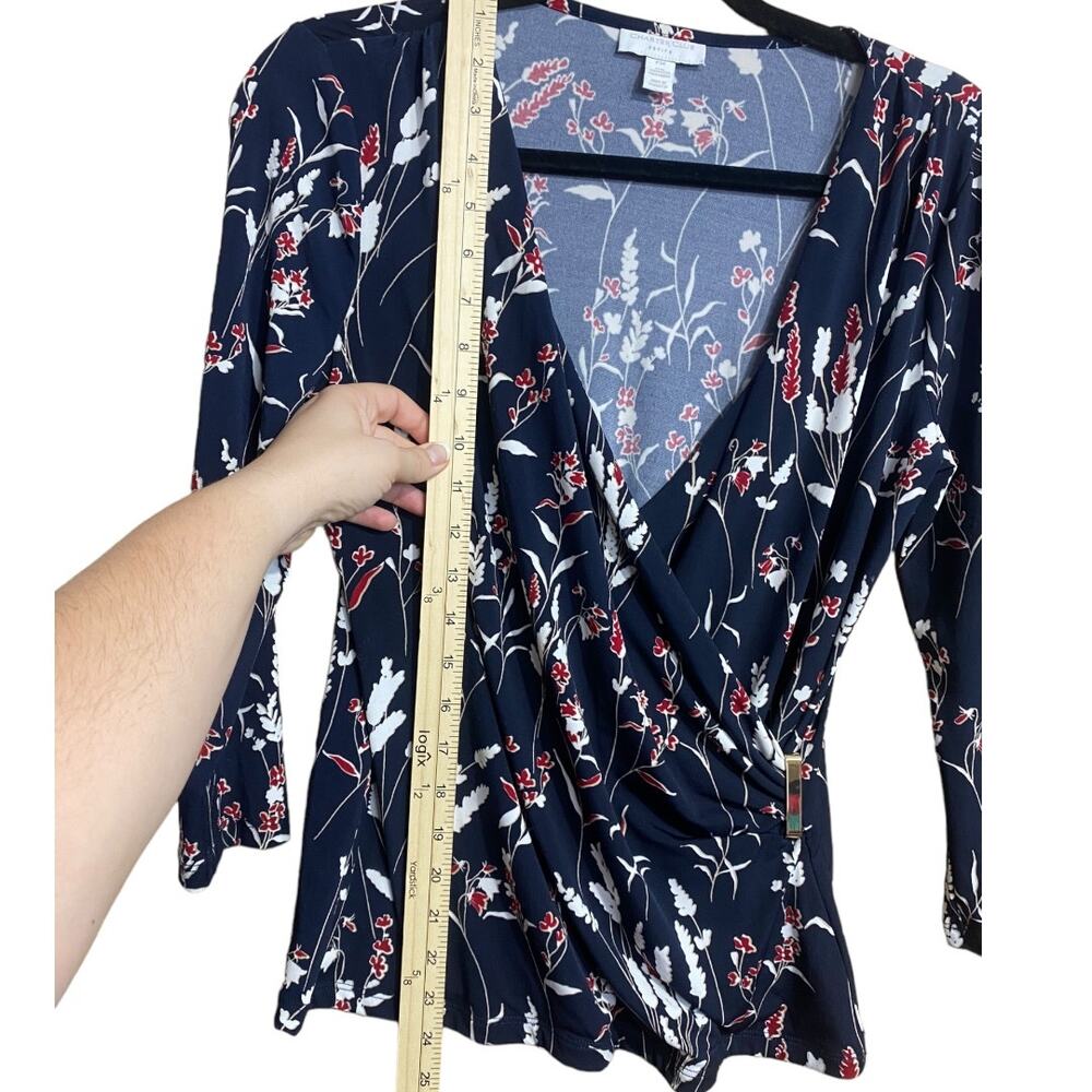 Charter Club navy blue floral wrap style 3/4 sleeve blouse - Medium Petite - Picture 8 of 8